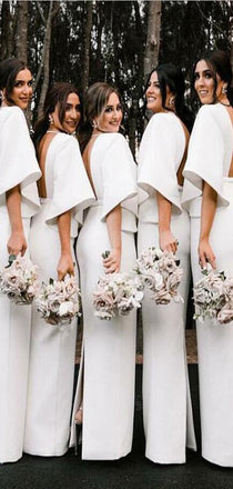 Fashion Unique Design Deep V-Neck Floor Length White Satin Bridesmaid Dresses , WG395