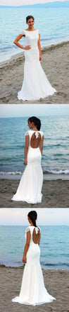 Lace Beach Open Back Cap Sleeves Scoop Custom Handmade Wedding Dresses,  WD0230