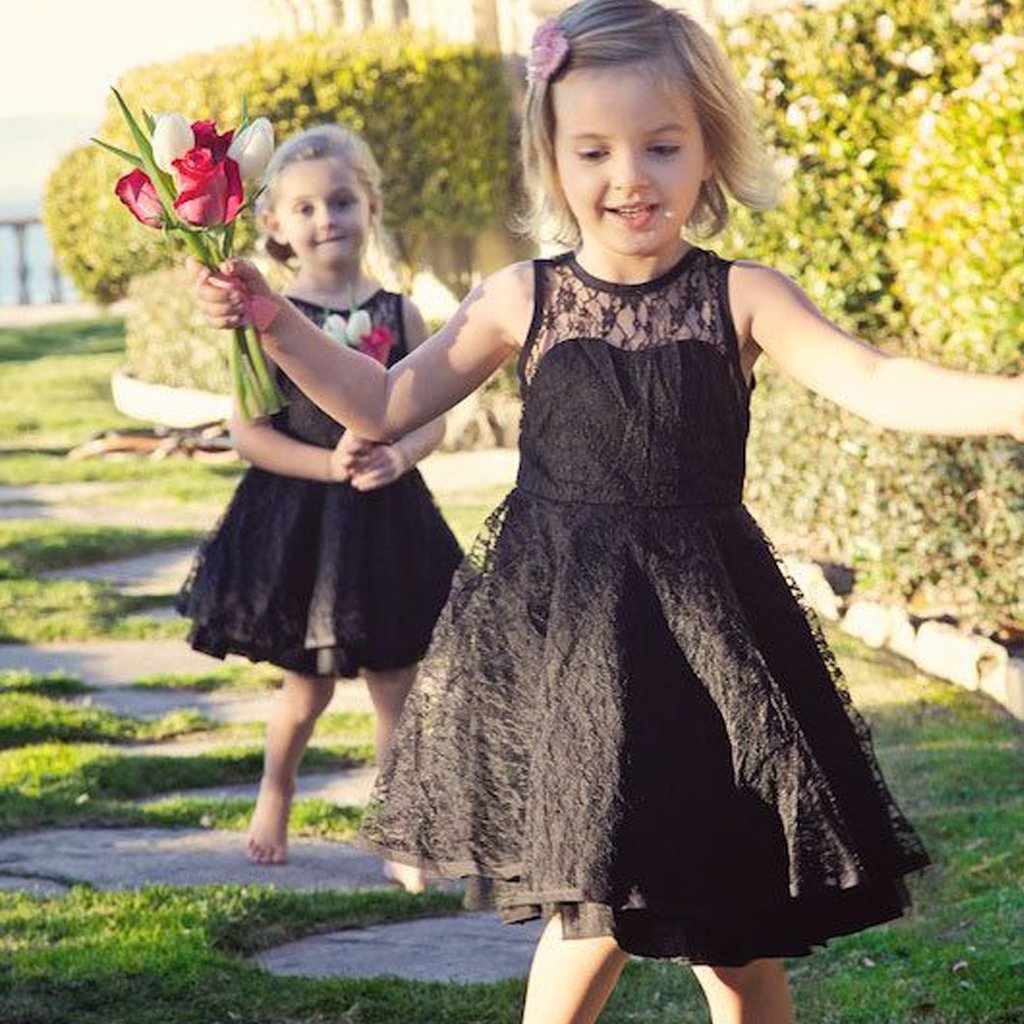 Round Neck Illusion Black Lace Cute V-back Flower Girl Dresses, Little Girl Birthday Dress, FG013