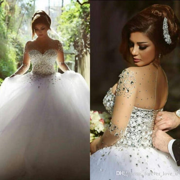 Gorgeous Illusion Long Sleeve Beaded Rhinestone Popular Ball Gown Wedding Dress, WD0200