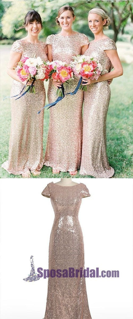 2019 Charming  Most popular mermaid short sleeves sequin long Bridesmaid Dresses, WG04 - SposaBridal