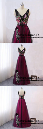 Long Black Women Evening Dress, Vintage Embellish Embroidery Floral Bridesmaid Dresses, WG320