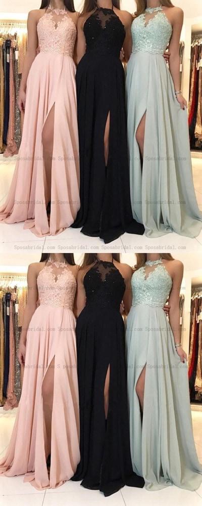 2019  Charming Lace Halter Long Chiffon Split Evening Gowns Formal Prom Dresses , PD0813 - SposaBridal