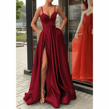 A-Line Formal Custom Spaghetti Straps Long Side-slit Prom Dress, PD0943