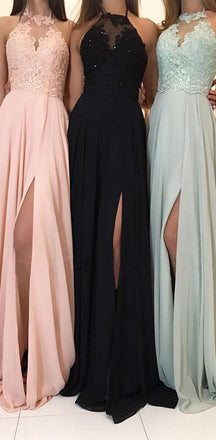 Charming Lace Halter Long Split Formal Prom Dresses, Bridesmaid Dress, PD0813