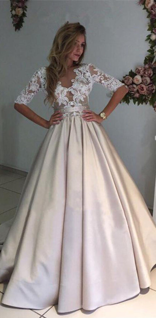 Elegant Champagne Gold Modest Half-sleeve Lace Top A-line Wedding Dress, PD0287