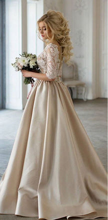 Elegant Champagne Gold Modest Half-sleeve Lace Top A-line Wedding Dress, PD0287