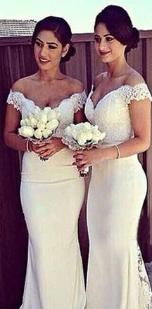 Sexy Ivory Long Cap Sleeve Lace Mermaid Long Bridesmaid Dresses, WG10