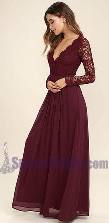 Cheap Chiffon Lace top Long Sleeves Custom Popular Open Back Bridesmaid Dress, WG215