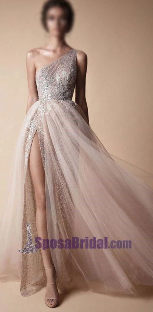 One Shoulder Sparkly Side Split Elegant Modest Free Custom Prom Dresses, Fashion Prom dress, PD0686