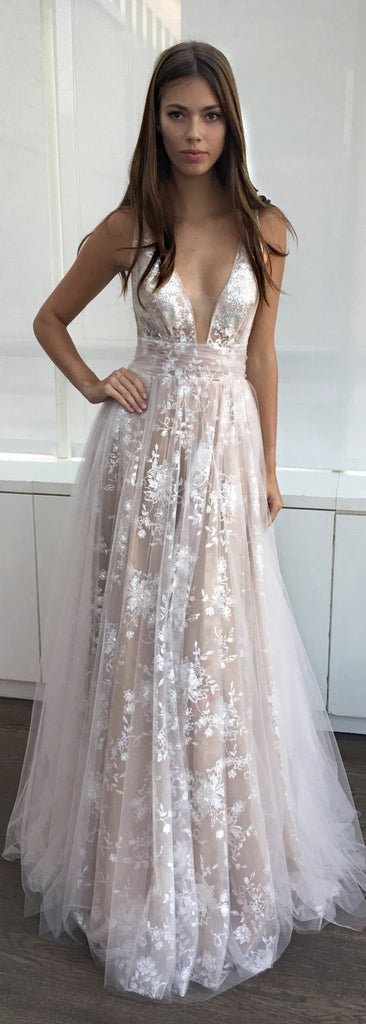 2019 A-Line Deep V-Neck Tulle Lace Appliques Floor-Length  Long Sexy Party Prom Dress-PD0281 - SposaBridal