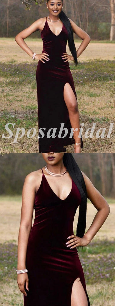 Sexy Velvet Spaghetti Straps V-Neck Sleeveless Side Slit Mermaid Long Prom Dresses, PD3585