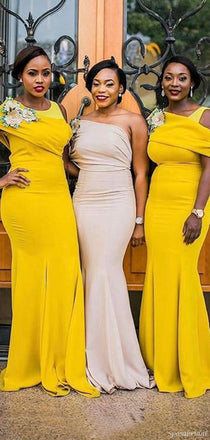 Yellow Unique Mermaid Long Modest Bridesmaid Dresses WG870