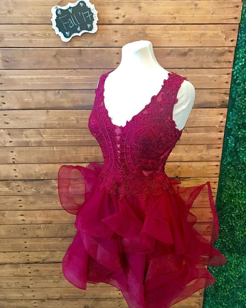 Lace V Neck Cheap Burgundy Homecoming Dresses 2018, CM458
