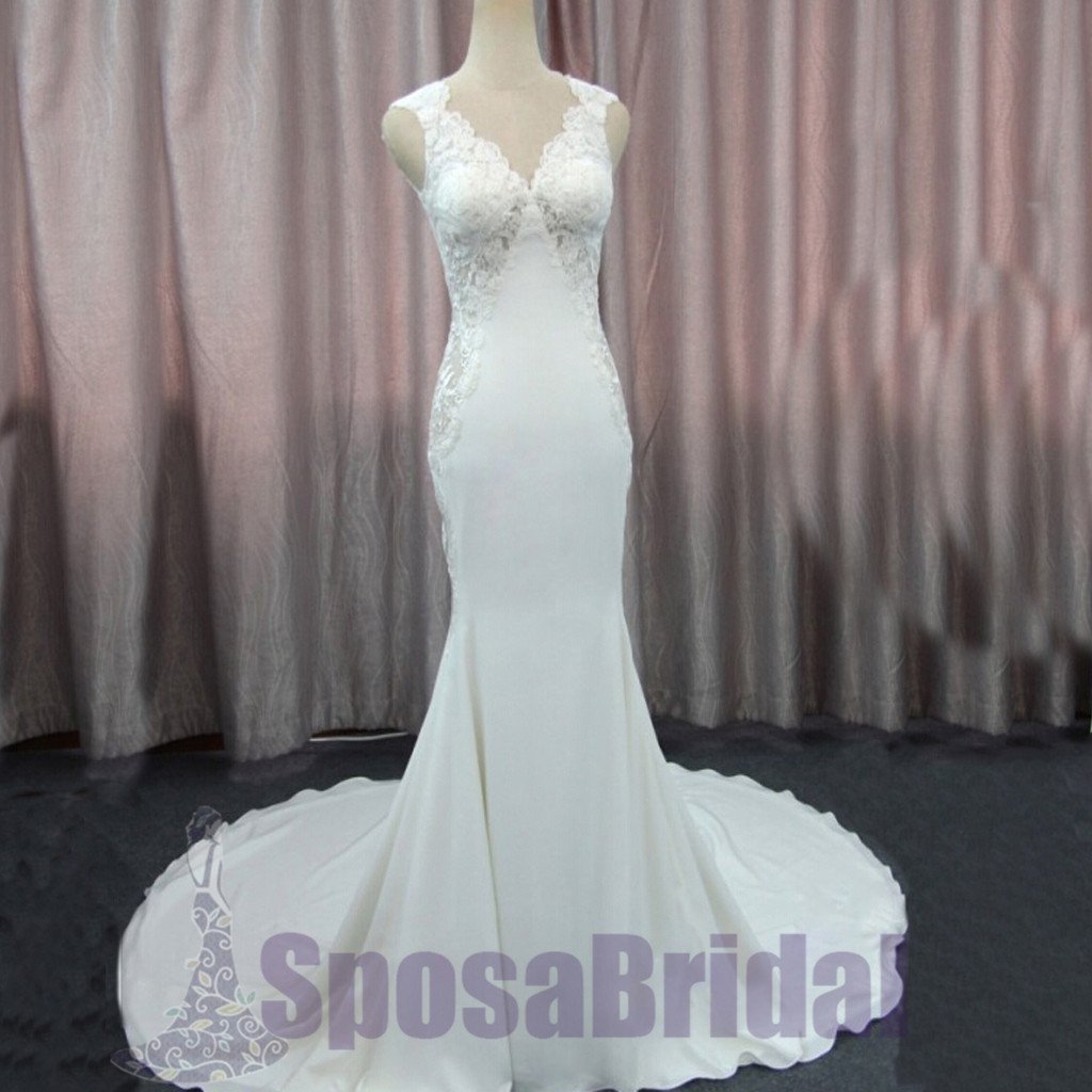 Long Mermaid Sleeveless Elegant Open Back Lace Custom Cheap Wedding dresses, Bridals Dresses, PD0615