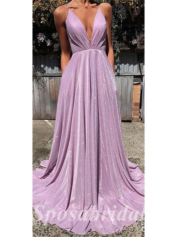 Sexy Special Fabric Spaghetti Straps V-Neck Sleeveless Criss Cross Side slit A-Line Long Prom Dresses, PD3604