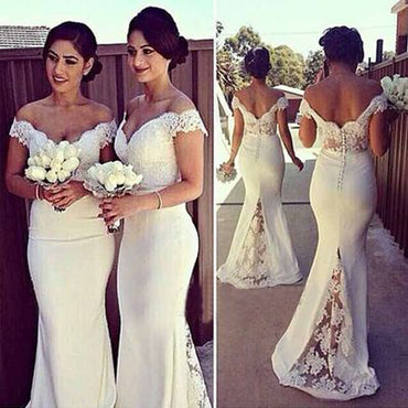 2019 Charming White Long Cap Sleeve Lace Mermaid Sexy Long Bridesmaid Dresses, WG10 - SposaBridal