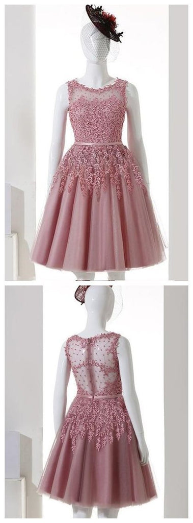 Pink Illusion See Through Lace Beaded Short Cheap Homecoming Dresses Online, CM568