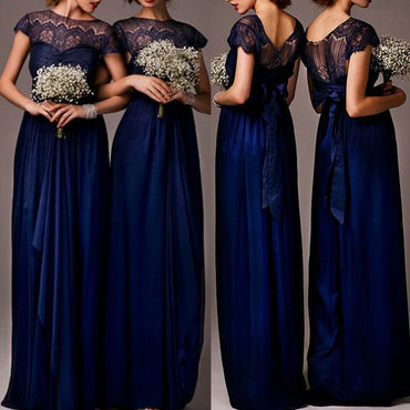 Impressive Discount Cap Sleeve  Lace Elegant Royal Blue Long Bridesmaid Dresses, WG030