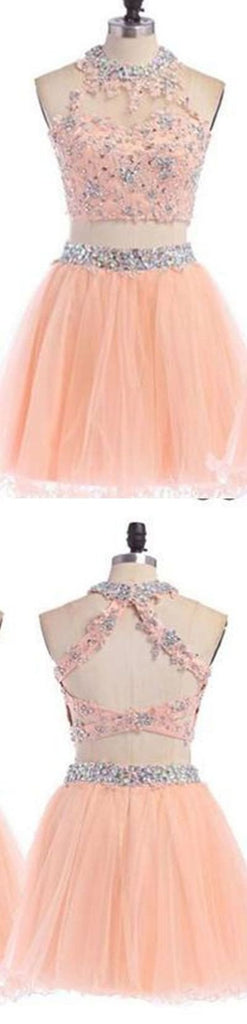 Sexy Two pieces Peach lace homecoming prom dresses, CM0004