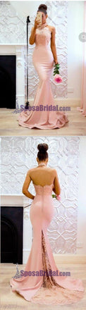 Halter Lace Modest Mermaid Popular Bridesmaid Dresses with train, PD0673