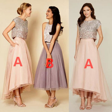 Pretty Two Pieces Cap Sleeve Sequin Top Organza Long Bridesmaid Dresses Cheap Prom Dresses, WG38