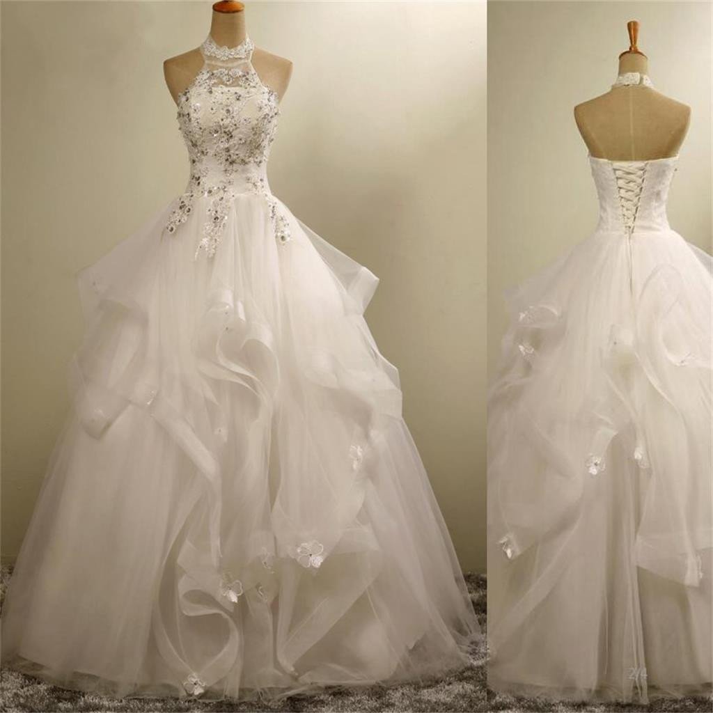 High Neck Elegant Gorgeous Charming Lace Appliques Organza Wedding Dresses, WD164