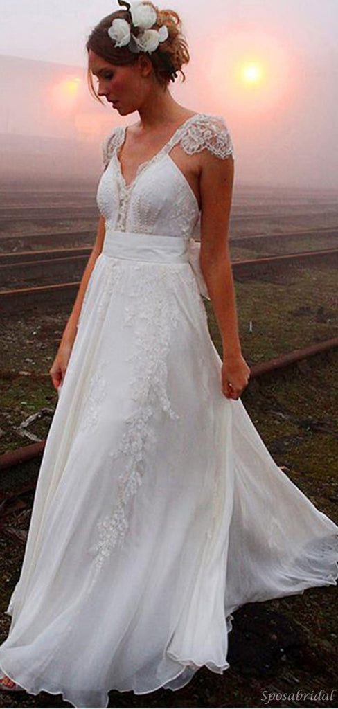 Backless Cap Sleeve V Neck Simple Beach Wedding Dresses, WD329