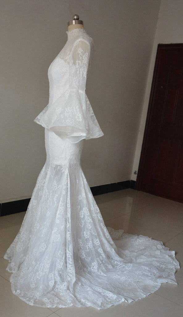Long Sleeves High Neck  Lace Unique Stunning Glamorous Wedding Dress, Bridals Dress, WD0255