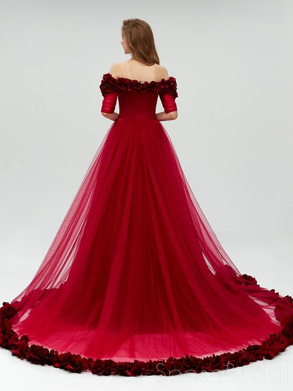 A Line Off The Shoulder Burgundy Tulle Prom Dresses With Appliques Split, Evening Dress, PD1128