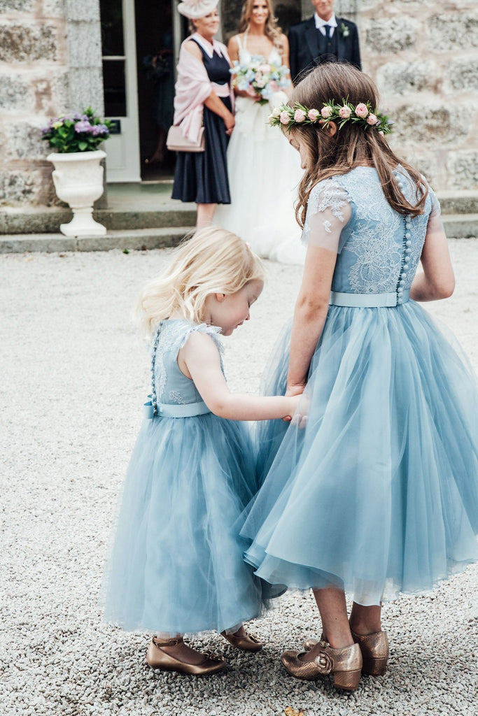 Blue Lace Top Tulle Flower Girl Dresses, Popular Cheap Junior Bridesmaid Dresses, FG045 - SposaBridal