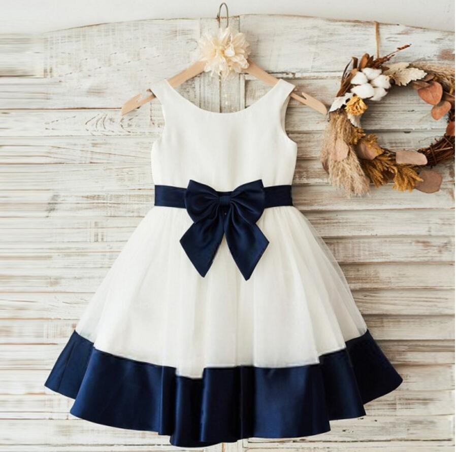 Round Neck Black And Navy Satin Lovely Simple Flower Girl Dresses With Bow Sash, FGS033