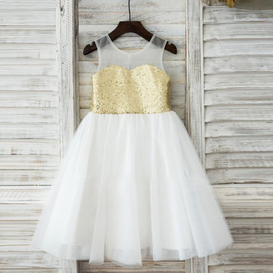 Lovely Shiny Golden Sequins Sweetheart Round Neck Sleeveless Flower Girl Dresses, FGS036