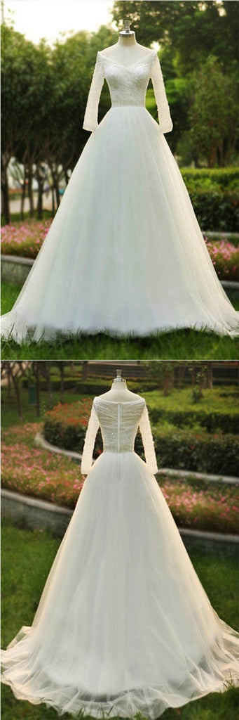 Long sleeves V Neck Sequin A-line New Design Custom Popular Wedding Dress, bridals dress, WD0251