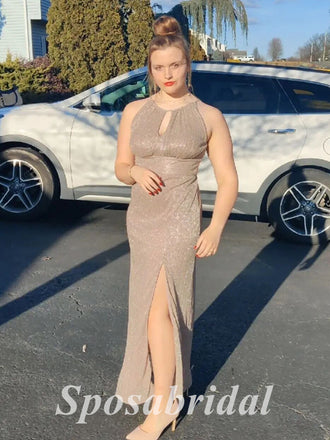 Shiny Special Fabric Halter sleeveless Side Slit Sheath Long Prom Dresses,PD3650