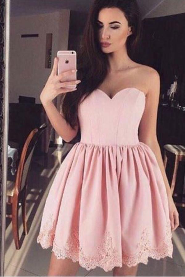 Cheap Short Simple Cute Sweetheart Pink Homecoming Dresses 2018, CM480 - SposaBridal