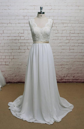 Backless V Neck Cap Sleeve Lace Simple Cheap Beach Wedding Dresses, WD323 - SposaBridal