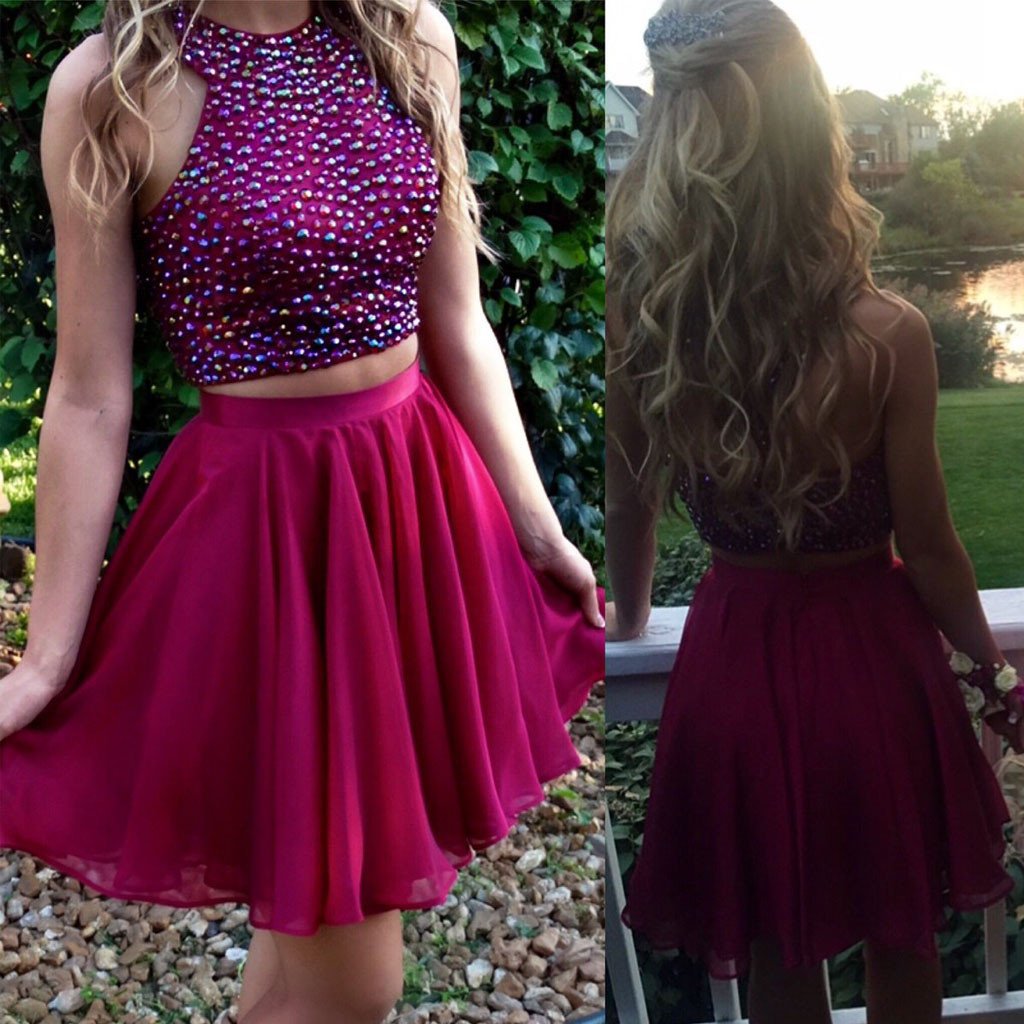 Short  two pieces beaded halter lovely freshman charming homecoming prom dress,BD0042