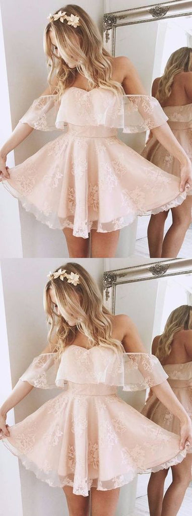 Cute Lace Pink Off-shoulder Sweetheart A-line Short Homecoming Dress, CM540