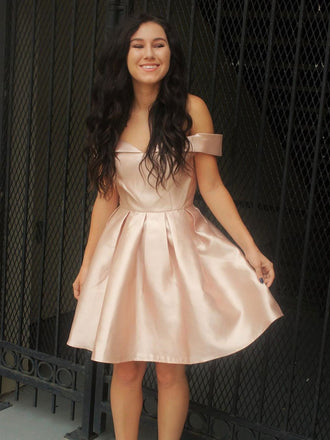 Cheap Simple Off Shoulder Cute Blush Pink Homecoming Dresses 2018, CM487 - SposaBridal