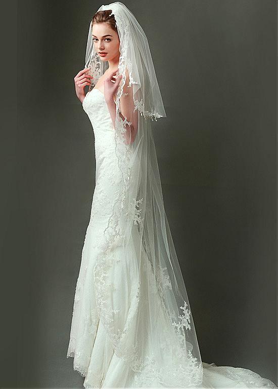 Stunning Tulle Long Wedding Veil With Lace Appliques ,WV0127