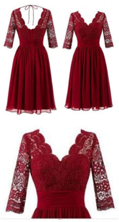 Cheap Short Chiffon Lace top Long Sleeves Custom Most Popular A-line V -Back Bridesmaid Dress , WG256 - SposaBridal