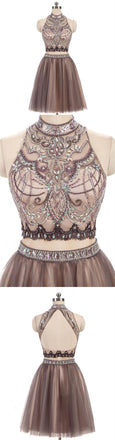 New Beading Charming High Neck Open Back Two Pieces Pretty Popular Homecoming Dresses  , BD0211