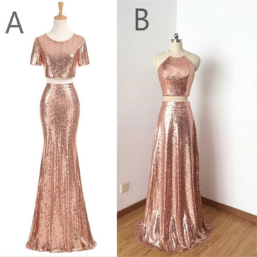 Charming Rose Gold Sequin Two Pieces Long Popular Fashion Prom Dress, Bridesmaid Dress, PD0383 - SposaBridal