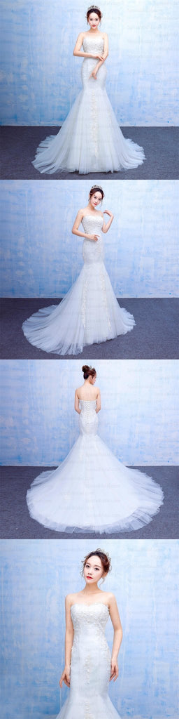 Long Mermaid Strapless Elegant Sweetheart Lace Appliques Charming Wedding Dresses, WD0224