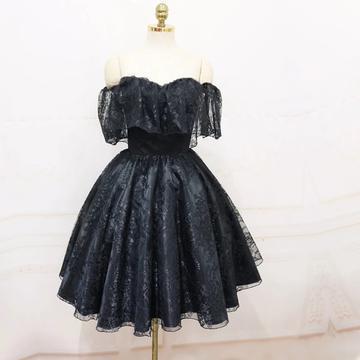 A-line Off Shoulder Cheap Black Lace Homecoming Dresses 2018, CM437 - SposaBridal