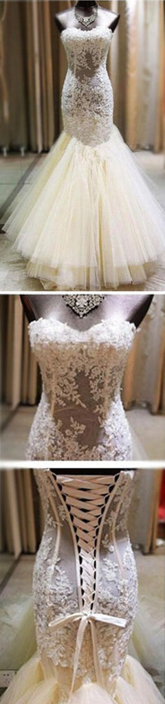 Sexy Ivory Lace Sweetheart See Through Mermaid Tulle Wedding Party Dresses, WD0051