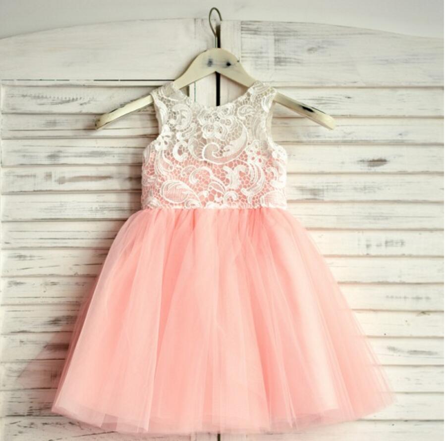 Pink Top Lace Sleeveless Lovely Short Soft Flower Girl Dresses, Junior Bridesmaid Dresses, FG086