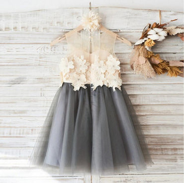 Top Lace Appliques Grey Tulle Sleeveless Cute Custom Flower Girl Dresses, Junior Bridesmaid Dresses, FG088