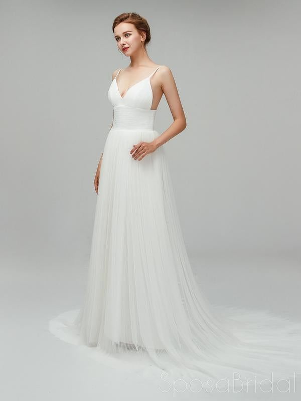 Sexy V-neck Backless Tulle A-line Simple Long Beach Wedding Dress, WD0120